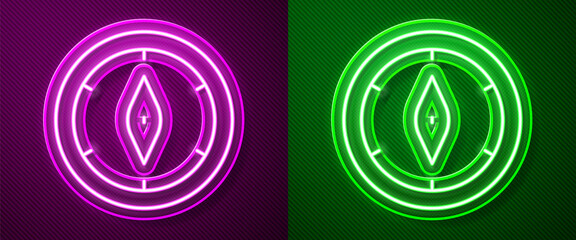 Glowing neon line Compass icon isolated on purple and green background. Windrose navigation symbol. Wind rose sign. Vector