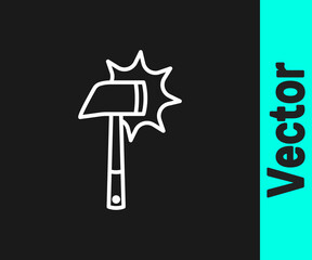 White line Firefighter axe icon isolated on black background. Fire axe. Vector