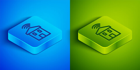 Isometric line Smart home with wi-fi icon isolated on blue and green background. Remote control. Square button. Vector