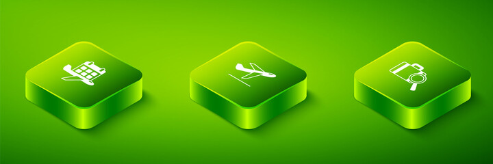 Set Isometric Plane takeoff, Lost baggage and Calendar and airplane icon. Vector