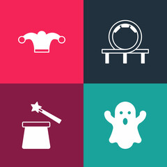 Set pop art Ghost, Magic hat and wand, Roller coaster and Jester with bells icon. Vector