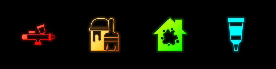 Set Paint spray gun, bucket with brush, Painting the house and Tube paint palette icon. Vector