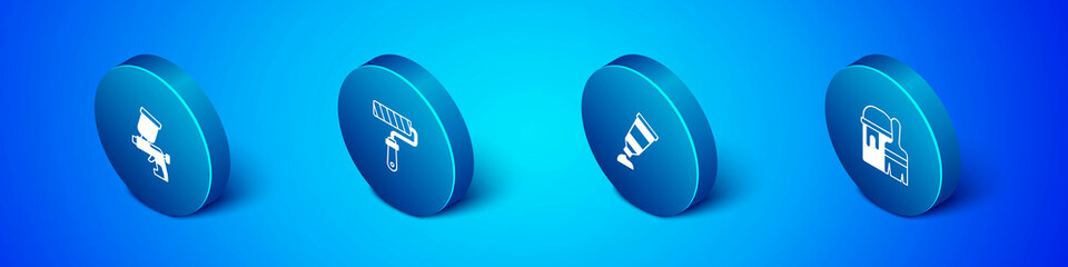 Set Isometric Paint spray gun, Tube with paint palette, bucket brush and roller icon. Vector