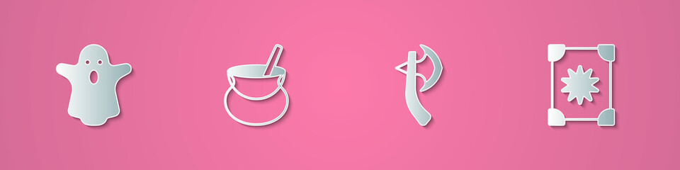 Set paper cut Ghost, Witch cauldron, Wooden axe and Ancient magic book icon. Paper art style. Vector