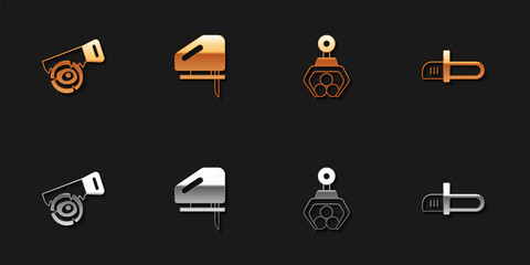 Set Hand saw and log, Electric jigsaw, Grapple crane grabbed and Chainsaw icon. Vector