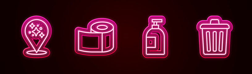 Set line Home cleaning service, Toilet paper roll, Dishwashing liquid bottle and Trash can. Glowing neon icon. Vector