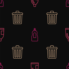 Set line Bottle for cleaning agent, Trash can and Dishwashing liquid bottle on seamless pattern. Vector