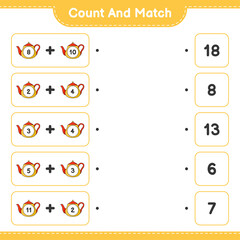 Count and match, count the number of Teapot and match with the right numbers. Educational children game, printable worksheet, vector illustration