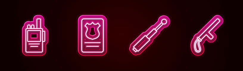 Set line Walkie talkie, Police badge with id case, Telescopic baton and rubber. Glowing neon icon. Vector