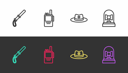 Set line Police rubber baton, Walkie talkie, Sheriff hat with badge and Flasher siren on black and white. Vector