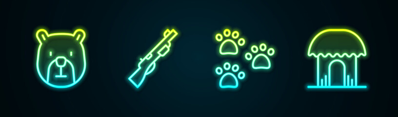 Set line Bear head, Hunting gun, Paw print and African hut. Glowing neon icon. Vector