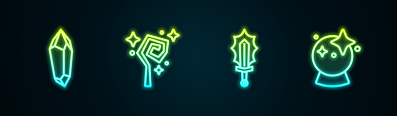 Set line Magic stone, staff, sword in fire and ball. Glowing neon icon. Vector