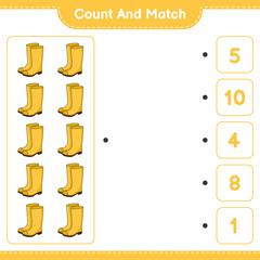 Count and match, count the number of Rubber Boots and match with the right numbers. Educational children game, printable worksheet, vector illustration