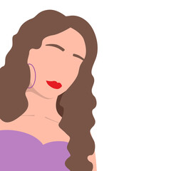 Trendy avatar woman girl face with brunette brown hair hairstyle and earring, eyebrow and lips. For interior, print, postcard, wallpaper, decor, textile, bag, clothing. Vector illustration