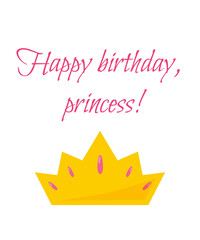 Crown gold with pink gem jewel precious oval stones on a white isolated background with the inscription Happy birthday, princess. Greeting cute card for girl and woman. Vector illustration