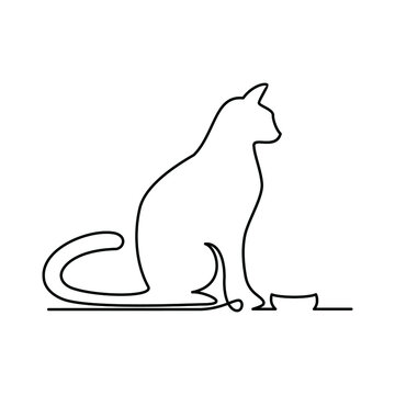 Trendy continuous line art vector illustration with sitting cat.