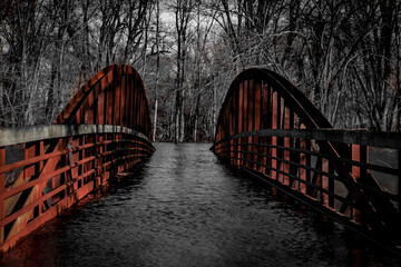 Black and white of a flooded bridge in Windsor Connecticut
