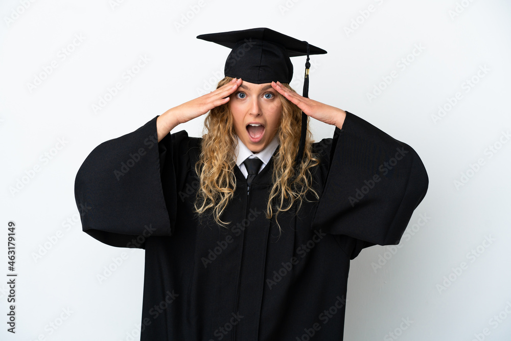 Wall mural Young university graduate isolated on white background with surprise expression