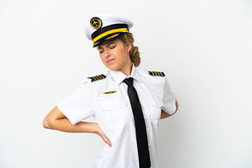Airplane blonde woman pilot isolated on white background suffering from backache for having made an effort