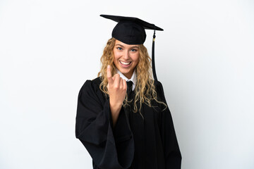 Young university graduate isolated on white background doing coming gesture