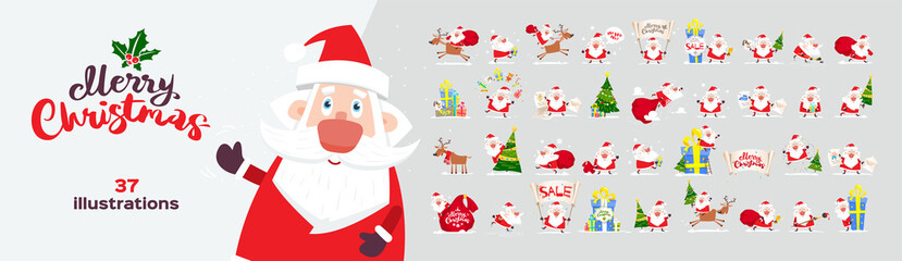 Collection Santa Claus cartoons. Merry Christmas story set. Christmas cartoons illustration of Santa Claus, isolated from the background. Vector illustration deers, gifts boxs, toys, christmas trees.