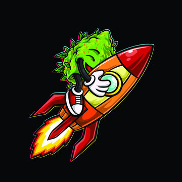 nug hug rocket character cartoon mascot smoking blunt and holding weed flower bud cannabis