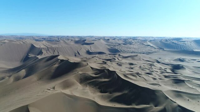 aerial dolly shot from the formation of sand dunes in dasht e lut desert with clear sky and tamarisk trees, the formation tamarisk trees in desert, iran