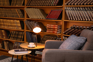 Fototapeta na wymiar Book with glasses, table lamp and cup of drink near comfortable armchair in cozy home library