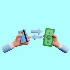 3d illustration of payment concept icon hand holding money and credit card