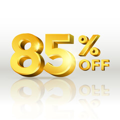 85 percent off glossy gold text vector in 3d style isolated on white background with reflection for marketing design