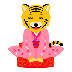 ピンクの着物を着て新年の挨拶をする虎の女の子のキャラクター