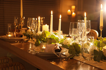 Festive table setting with beautiful tableware and decor indoors