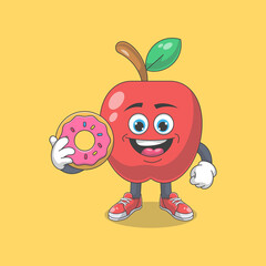 Cute Happy Red Apple With Donuts Cartoon Vector Illustration. Fruit Mascot Character Concept Isolated Premium Vector