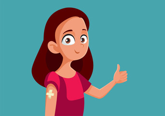Vaccinated Teen Girl Holding Thumbs Up Vector Cartoon - obrazy, fototapety, plakaty
