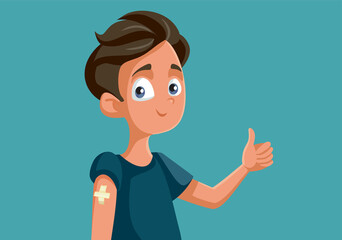 Vaccinated Teen Boy Holding Thumbs Up Vector Cartoon - obrazy, fototapety, plakaty