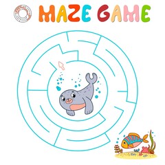Maze puzzle game for children. Circle maze or labyrinth game with seal.