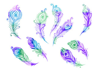 Watercolor multicolor Set of birds feather elements in the style of line art wedding theme on a white background. Doodle and scribble. Blue, turquoise, violet, green, purple colorful peacock wings