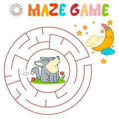 Maze puzzle game for children. Circle maze or labyrinth game with wolf.