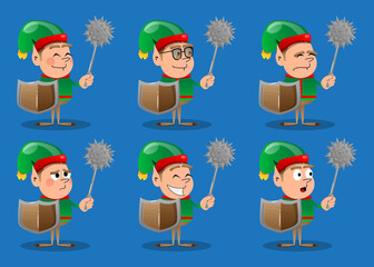 Christmas Elf holding a spiked mace and shield. Vector cartoon character illustration of Santa Claus's little worker, helper.
