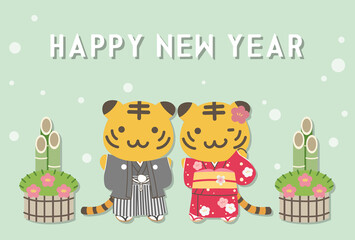 2022年　年賀状_晴れ着寅・門松