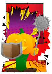 Decorative pumpkin for Halloween holding a spiked mace and shield as a cartoon character with face. Vector Illustration.