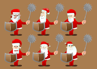 Santa Claus in his red clothes with white beard holding a spiked mace and shield. Vector cartoon character illustration.