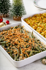 Christmas dinner side dishes including greean beans casserole and stuffing