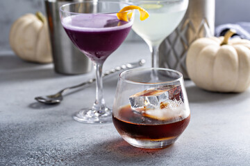Fall cocktails, old fashioned in a glass with ice cube