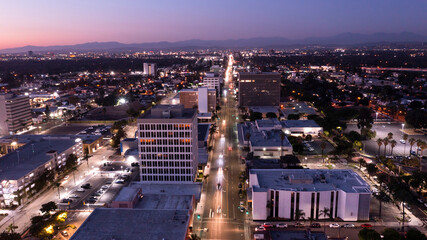 Fototapeta na wymiar Twilight skyline view of the urban core of downtown Santa Ana, California, USA.