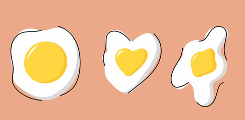 Set of fried eggs, a collection of soft-boiled eggs. Delicious and healthy breakfast of eggs. The concept of proper and healthy nutrition. Vector illustrations in cartoon flat style.