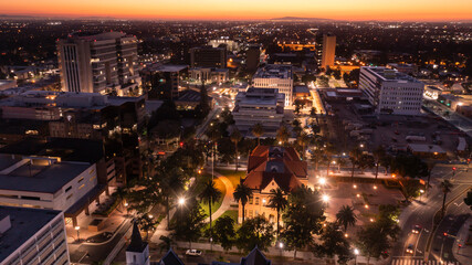 Sunset aerial view of the urban core of downtown Santa Ana, California, USA.