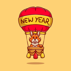 cute fox celebrates new year on hot air balloon