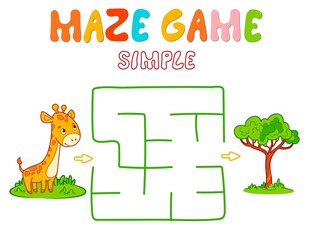 Simple Maze puzzle game for children. Color simple maze or labyrinth game with giraffe.