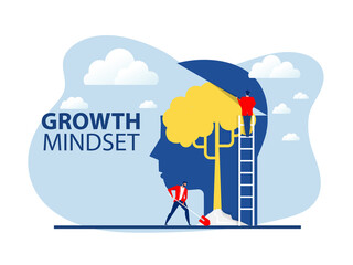 Businessman plant tree on Big head human think growth mindset  concept vector - obrazy, fototapety, plakaty